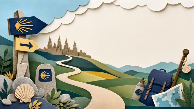 Camino Shell Direction Sign Over Green Hills Trail Banner Background