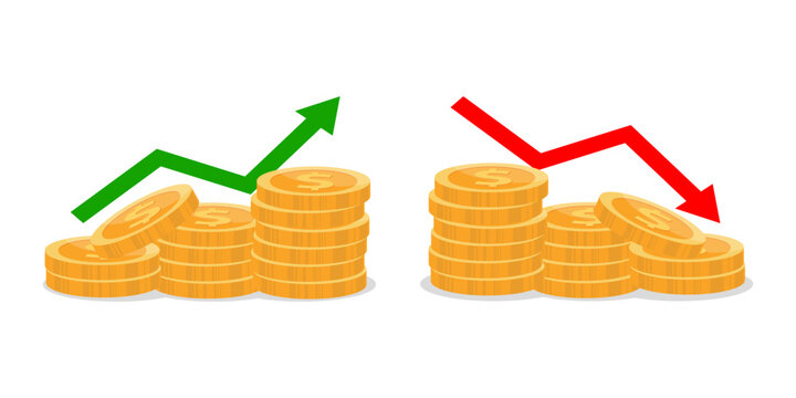 Financial Market Fluctuation. Coin Stacks with Green Up Arrow and Red Down Arrow. Investment Profit and Loss Concept