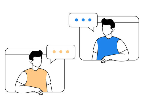Two cartoon men communicating through digital speech bubbles on messaging application interface concept isolated on transparent background.