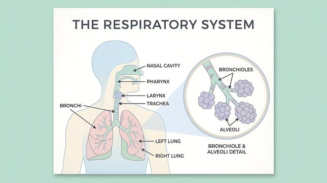 Educational diagram of the human respiratory system with alveoli detail