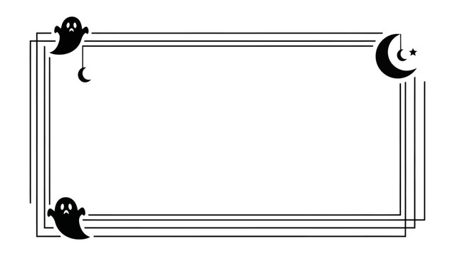 Halloween Border with Ghost and Moon: A spooky black and white border design featuring playful ghosts and a crescent moon, perfect for adding a festive touch to Halloween invitations, cards.