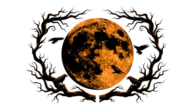Mystical Harvest Moon with Silhouetted Crows: A striking illustration featuring a large, textured orange moon as the centerpiece, framed by eerie, silhouetted bare tree branches and scattered crows.