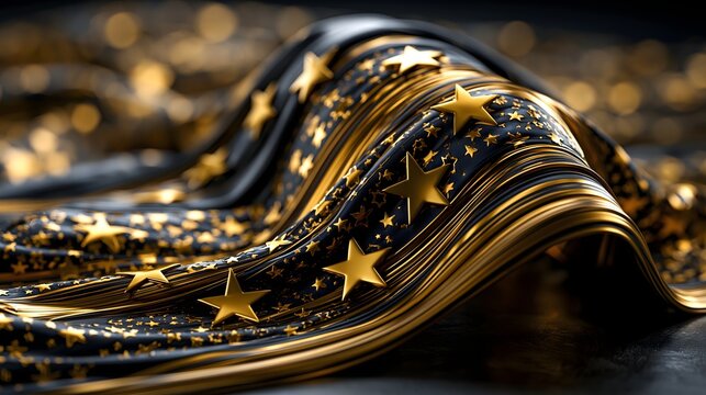 Luxuri&ouml;se goldene Welle mit Sternen - Elegante flie&szlig;ende Stoffkomposition im dunklen Glanz