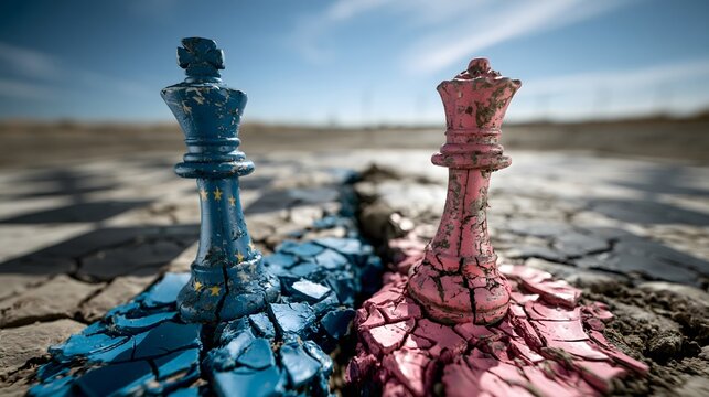 Schach der Elemente - Blaue und rosa K&ouml;nige auf ausgetrockneter rissiger Erde im Konflikt