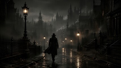 Obraz premium Detective in long coat walking down dark street in gloomy victorian city at night. Mysterious man exploring foggy town with vintage lamp and castle architecture. Gothic horror style.