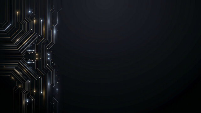 Parallel lines and dots with gold and white light on dark background with copy space