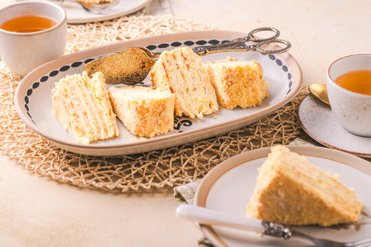 Slice of delicious layered honey cake