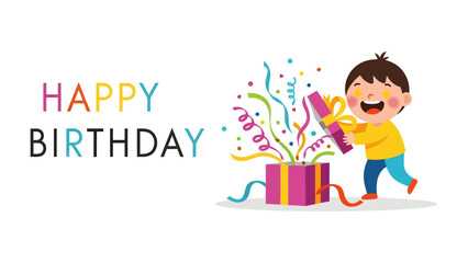 Happy Birthday Surprise: A joyous boy opens a birthday gift, releasing a burst of colorful confetti and streamers.