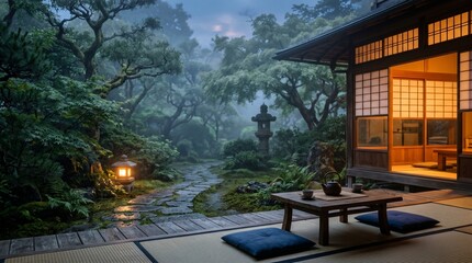 Obraz premium Traditional japanese house with tatami room and serene garden at dusk