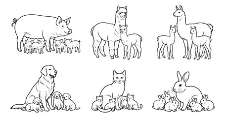 Naklejka premium Hand drawn animal families set, cute mother and baby animals, farm and pet line art vectors