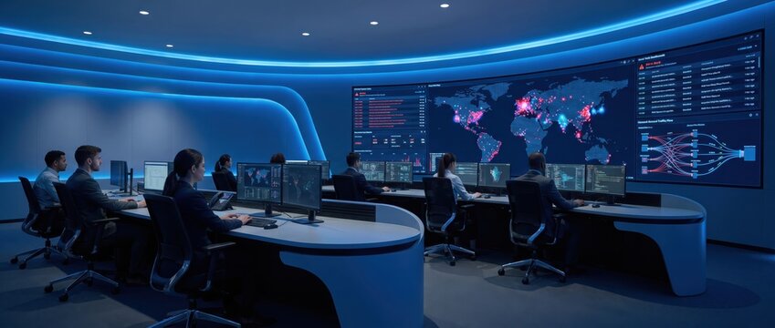 Data Analysts Team Command Center Blue Screen World Map