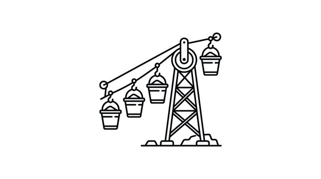 Industrial bucket conveyor crane system line art.