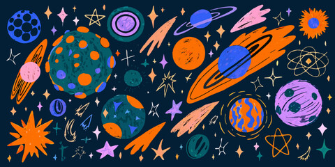 Planets And Stars Pattern Colorful Vector Illustration On Dark Background © Vector Art