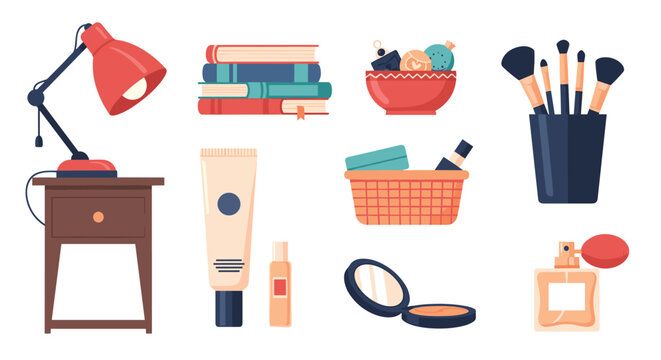 Collection of feminine lifestyle items including a bedside table with a lamp, books, makeup brushes, skincare creams, and perfume bottles.