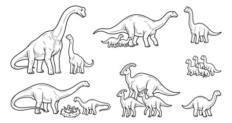 Dinosaur family line art collection, prehistoric herbivore vector set, coloring book illustrations © usmi