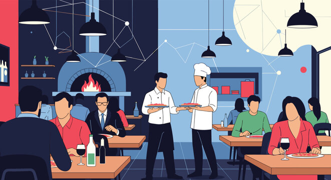 Busy restaurant interior showing chefs preparing food in the kitchen and waiters serving customers at tables in a modern dining hall.