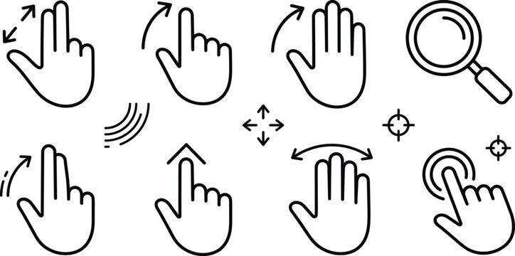 Touch screen hand gestures icon set black linear vector collection for phone display interface swipe zoom navigation graphic design