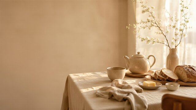 Breakfast scene with bread and tea on a dining table with linen cloth. Concept of mindful morning and slow living with soft sunlight in a cozy home interior for peaceful lifestyle.