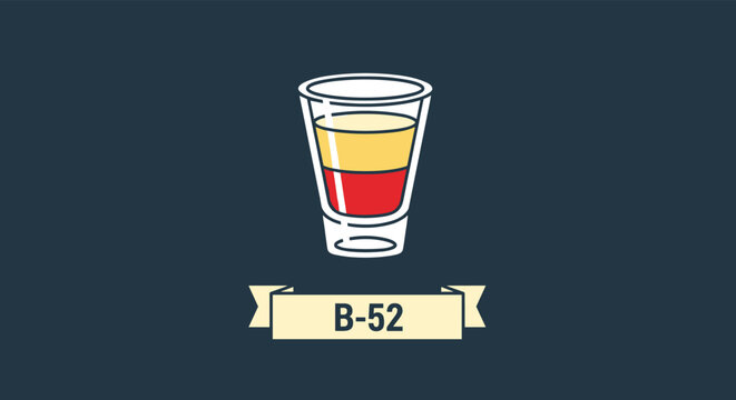 Layered B-52 cocktail shot glass featuring coffee liqueur, Irish cream, and orange liqueur against a dark background.