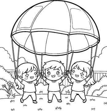 Three children happily holding large imaginary parachute together.