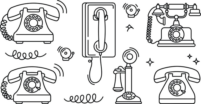 Vintage telephone retro rotary dial icon set black linear vector icons collection for old communication graphic design element