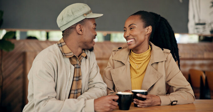 Couple, date and coffee at cafe with smile, love and partner affection for bonding together. Happy, black people and laugh at restaurant with drink, healthy relationship and connection for commitment
