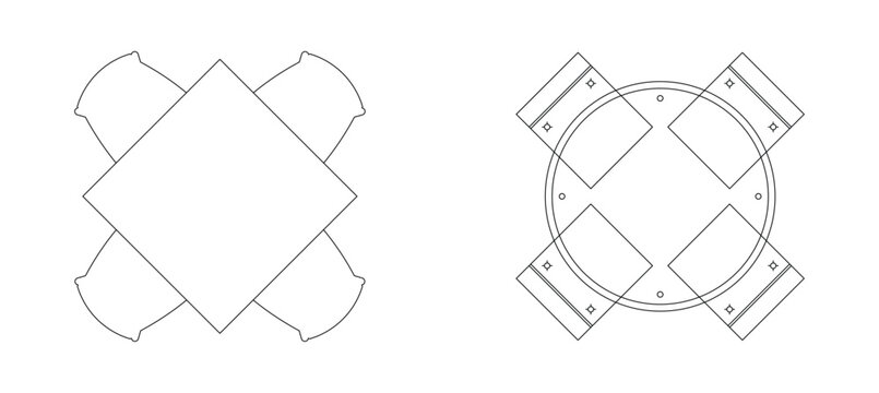 Furniture top view symbols showing square table arrangements with chairs in basic architectural drawing style.