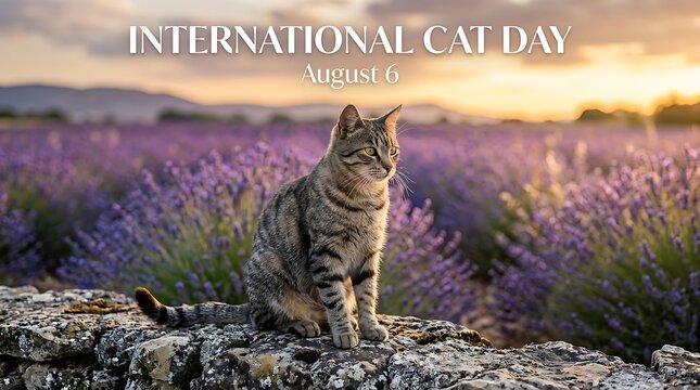Beautiful tabby cat sitting on rocks surrounded by blooming lavender fields at sunset time