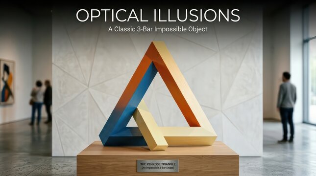 Visitors Admire Impossible Triangle Optical Illusion Sculpture in Modern Art Gallery.