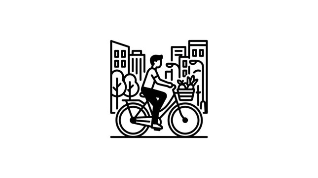A minimalist black and white line art illustration of a person riding a bicycle.