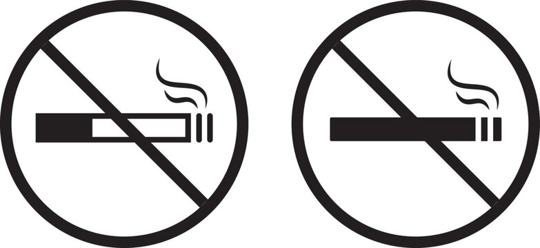 No smoking sign icon set with cigarette and prohibition symbol. Stop do not smoke sign, smoke-free zone, including electronic cigarettes, forbidden cigarette tobacco area, no smoking vector illustrati