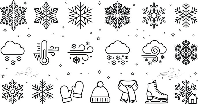 Winter weather vector icon set featuring snowflakes snow clouds thermometer wind blowing mittens beanie scarf and ice skate
