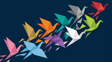 Colorful origami birds flying together on dark blue background symbolizing teamwork and diversity. © Oktafianto