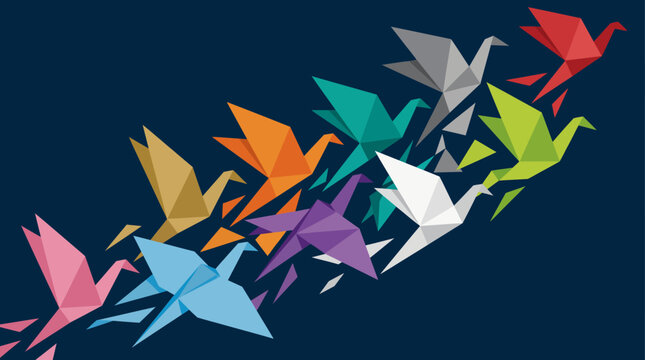 Colorful origami birds flying together on dark blue background symbolizing teamwork and diversity.