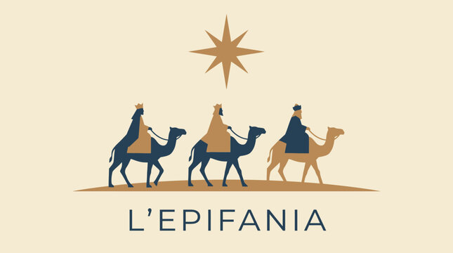 Minimalist vector illustration of the Three Wise Men on camels following the star for Epiphany.