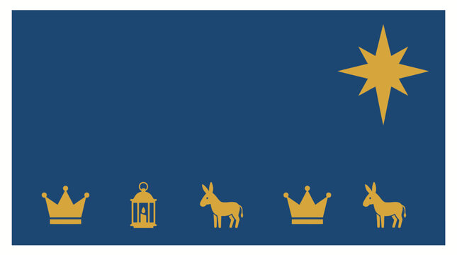 Minimalist Christmas Nativity background with gold star and religious icons on blue.