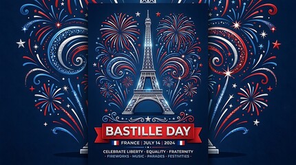 Colorful bastille day celebration poster with eiffel tower and fireworks display for july event promotion