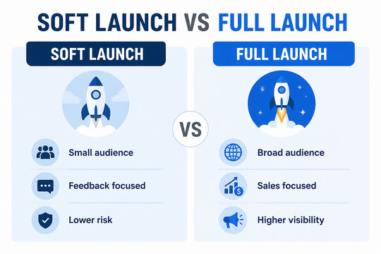 A comparison chart illustrates the differences between a soft launch and a full launch for a product or service.