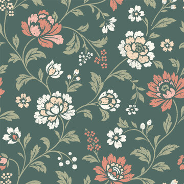Decorative chintz-inspired floral design, stylized Jacobean trailing flowers, leaves. Seamless vector pattern, hand-drawn  classic textile prints, ideal for wallpaper, fabric, art projects. 