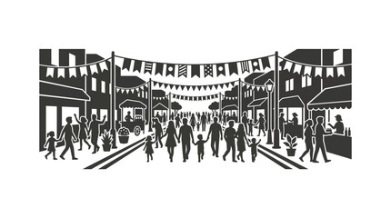 Silhouetted crowd of people walking down a festive street decorated with hanging bunting flags. © Sho