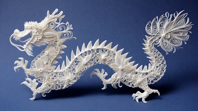 White decorative snowflake ornaments with intricate cut patterns on a blue background