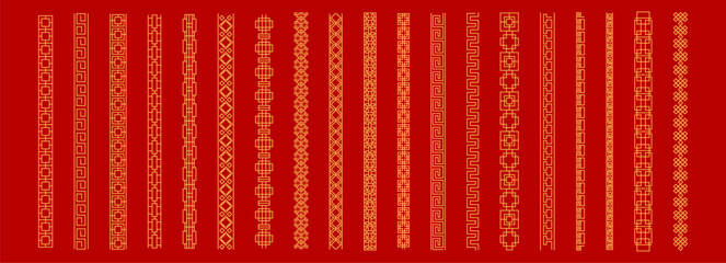 Obraz premium Ornament East asian decorative border set. Elegant retro dividers on red background. Chinese golden decoration, design element. Geometric line classic collection