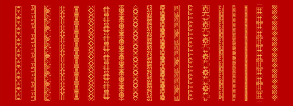 Ornament East asian decorative border set. Elegant retro dividers on red background. Chinese golden decoration, design element. Geometric line classic collection