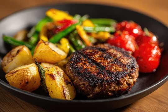 Grilled beef patty with roasted potatoes and colorful bell peppers