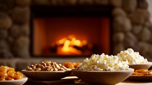 Assorted snacks including popcorn and nuts arranged in wooden bowls by a cozy fireplace. Ideal for creating a warm, inviting atmosphere for gatherings and relaxation