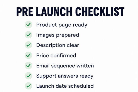 A checklist titled PRE LAUNCH CHECKLIST is displayed, listing items like product page ready and launch date scheduled.