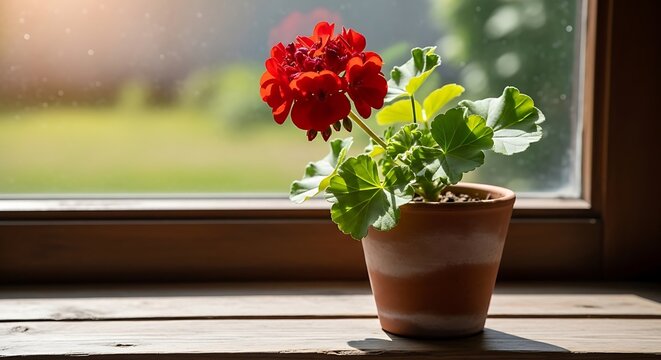 Vibrant red geranium in terracotta pot by window with sunlight