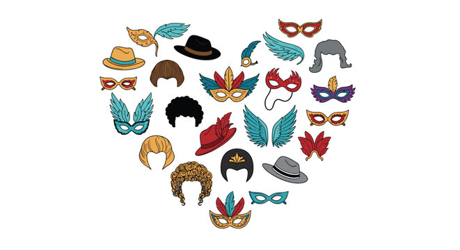 Large collection of diverse carnival masks, fancy hats, and wigs arranged in a heart shape for festive celebration themes.