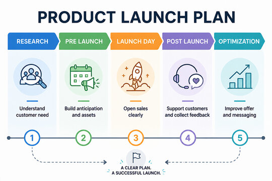 A diagram illustrates a five-stage product launch plan: Research, Pre Launch, Launch Day, Post Launch, and Optimization.