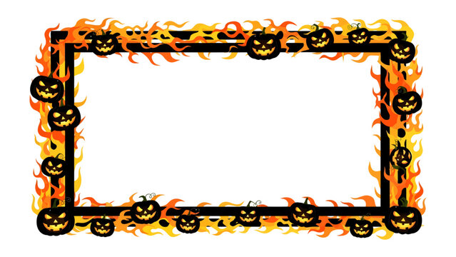 Halloween Pumpkin Frame with Fire: A festive Halloween-themed rectangular frame adorned with carved pumpkins and flickering flames, perfect for creating spooky invitations or decorations.